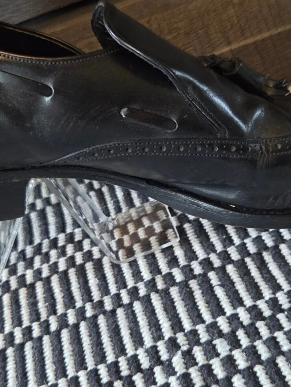 French Shriner Sterling Mens 11 E Black Leather Wingtip Tassel Slip-on Loafers